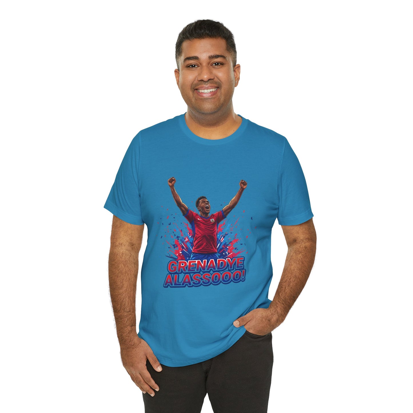 Soccer Celebration Tee — "Grenadye Alassooo!" Graphic Football Fan Shirt